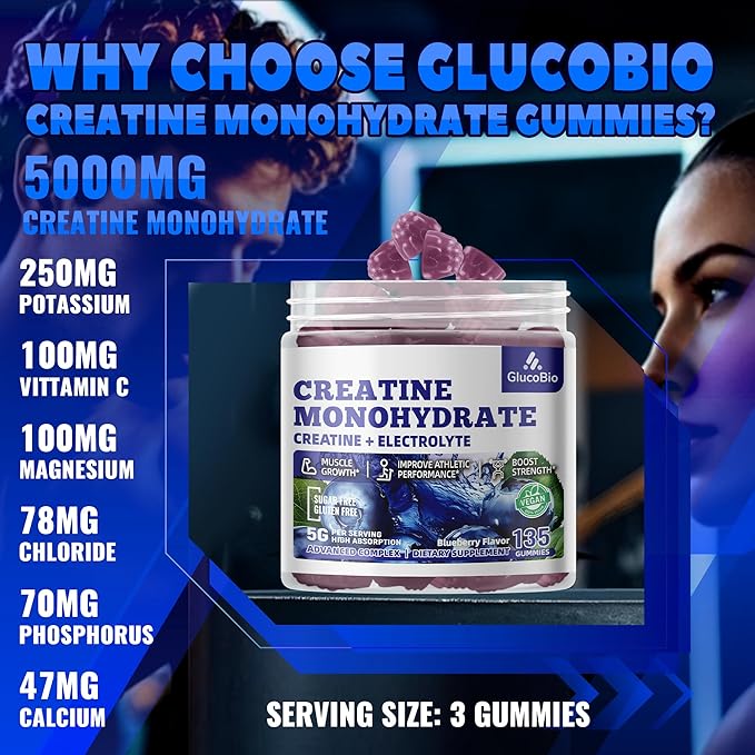 Creatine Monohydrate Gummies (5g) – Pre-Workout Energy & Muscle Growth Support for Men & Women | Blueberry Electrolyte Gummies (135 Count)