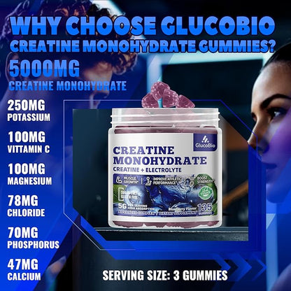Creatine Monohydrate Gummies (5g) – Pre-Workout Energy & Muscle Growth Support for Men & Women | Blueberry Electrolyte Gummies (135 Count)