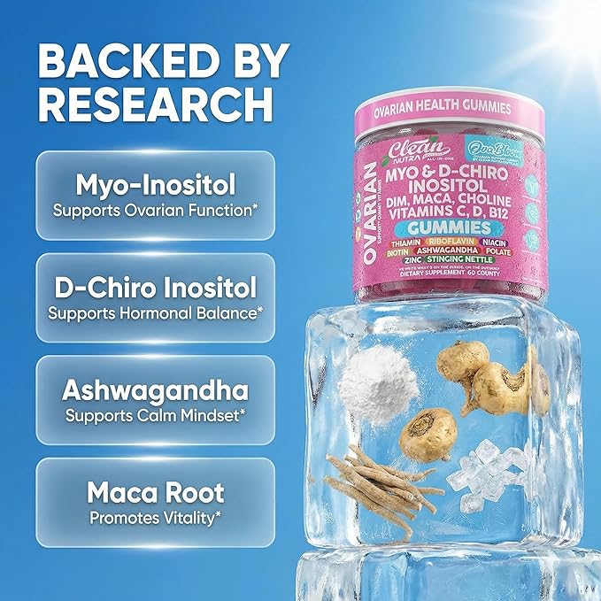 OVA Bloom Ovarian Support Gummies Myo Inositol D-Chiro Inositol Choline Flax Biotin Riboflavin Thiamin Niacin Ashwagandha DIM Maca Root Vitamin C D3 B12 Zinc 60 Count By Clean Nutra