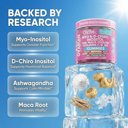 OVA Bloom Ovarian Support Gummies Myo Inositol D-Chiro Inositol Choline Flax Biotin Riboflavin Thiamin Niacin Ashwagandha DIM Maca Root Vitamin C D3 B12 Zinc 60 Count By Clean Nutra