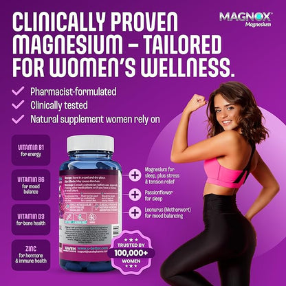 MAGNOX® Lady Magnesium Supplement | Menopause and PMS Support Supplement for Women | Magnesium Complex with Vitamins B6, B1, B12, D, Zinc | High-Absorption Dead Sea Organic Magnesium | 60 Capsules