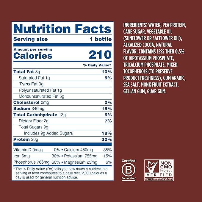 Ripple Vegan Protein Shake | Chocolate | 20g Nutritious Plant Based Pea Protein | Shelf Stable | No GMOs, Soy, Nut, Gluten, Lactose | 12 Oz, 12 Pack