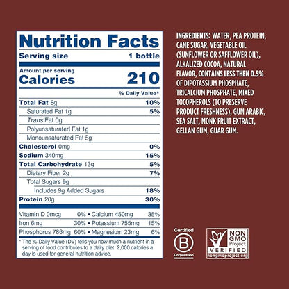 Ripple Vegan Protein Shake | Chocolate | 20g Nutritious Plant Based Pea Protein | Shelf Stable | No GMOs, Soy, Nut, Gluten, Lactose | 12 Oz, 12 Pack