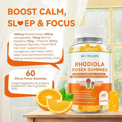 Rhodiola Rosea Gummies for Adults & Kids-Adaptogenic Herb-Daily Wellness, Emotions, Slumber Support, with Ashwagandha, Magnesium Glycinate, Siberian Eleuthero Supplements for Women & Men, 60 Count