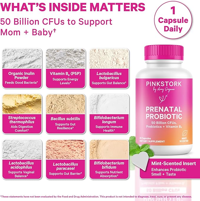 Pink Stork Prenatal Probiotic for Women | 50 Billion CFU | Vitamin B6, Prebiotics | Pregnancy Probiotics for Morning Sickness | Digestive, Immune, & Gut Health | Vegan, Gluten-Free | 30 Capsules, Mint
