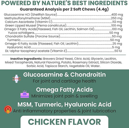 Chew + Heal Labs Glucosamine for Dogs Hip and Joint Supplement - 120 Senior Dogs Mobility Soft Chews - Made with Glucosamine, MSM, Chondroitin, Green Lipped Mussels and More - Made in The USA