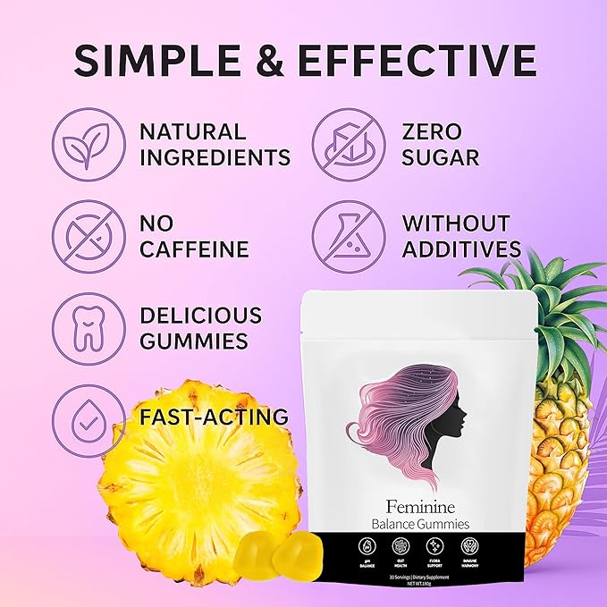 Feminine Balance Gummies, Pineapple Gummies for Women Ph, Probiotic Blend Hawaiian Pineapple Flavored 60 Gummies