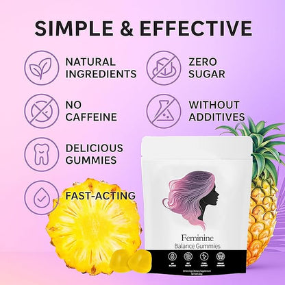 Feminine Balance Gummies, Pineapple Gummies for Women Ph, Probiotic Blend Hawaiian Pineapple Flavored 60 Gummies