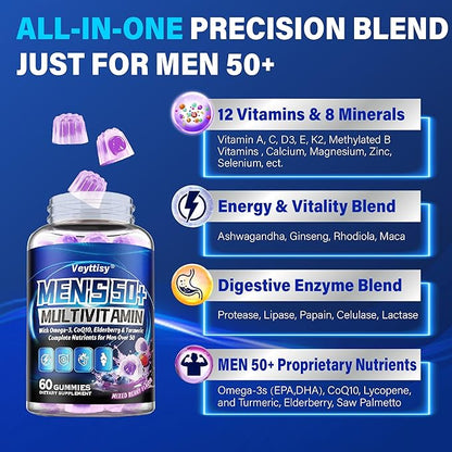 Sugar Free Multivitamin Gummies for Men 50 Plus - Methylated Multivitamin with Omega-3, CoQ10, Elderberry & Turmeric for Energy, Immune, Gut, Health Support - Vegan, Non-GMO, Gluten-Free