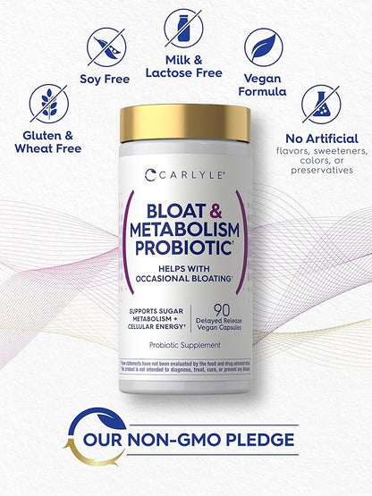 Carlyle Bloat and Metabolism Probiotic | 90 Capsules | Bloating Relief Formula | Sugar & Cellular Energy Support | for Women and Men | Vegan, Non-GMO, Gluten Free