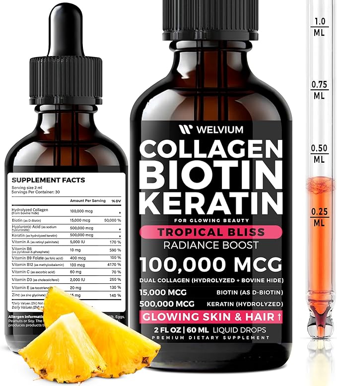 Liquid Biotin and Collagen Peptide Complex with Keratin, Hyaluronic Acid, MCT Oil, Zinc, Vitamins B6, B7, B12, A, C, D3, E - Hair, Skin, and Stronger Nails Supplement for Women and Men