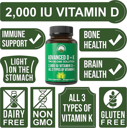 Peak Performance Advanced Vitamin D 2000 IU with All 3 Types of Vitamin K Vitamin D3 and Vitamin K2, K1, MK-7 (MK7), MK4 Supplements - 60 Small and Easy to Swallow Vegetable Pills