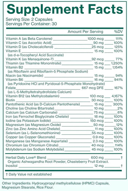 Love Wellness Daily Love Multivitamin for Women | Supports Energy, Cortisol, Immune Health, Stress Relief, & PMS | Complete with Vitamin D, C, Iron, Calcium, Zinc, & Biotin, Magnesium | 60 Count