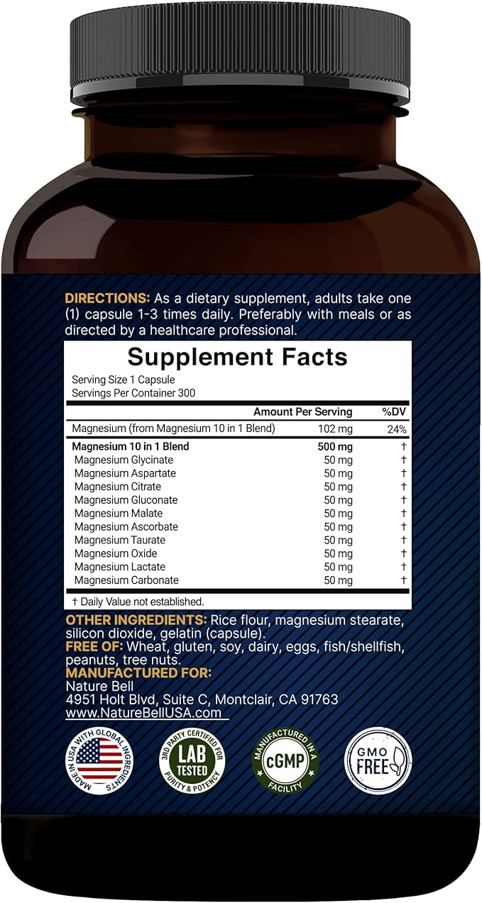Magnesium Complex 500mg, 300 Capsules | 10-in-1 Magnesium Glycinate, Citrate, Malate & More | Chelated Form for Easy Absorption | Non-GMO