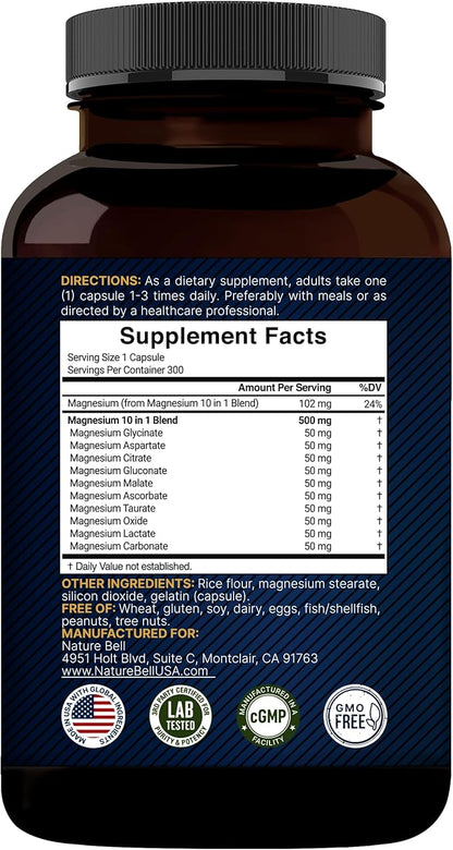 Magnesium Complex 500mg, 300 Capsules | 10-in-1 Magnesium Glycinate, Citrate, Malate & More | Chelated Form for Easy Absorption | Non-GMO