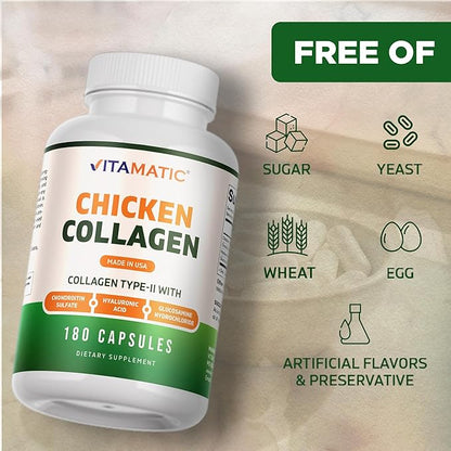 Vitamatic Chicken Collagen 3000 mg (Per Serving) with Glucosamine, Chondroitin & Hyaluronic Acid | 180 Capsules | Non-GMO | Gluten Free