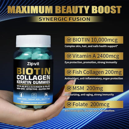 zipvit Biotin Collagen Gummies – Hair Skin and Nails Vitamins for Women & Men – Hair Growth Vitamins: B1, B2, B3, B6, B7, Collagen, Keratin, Vitamin A & D – Hair Growth Supplement – 60 Gummy Bears