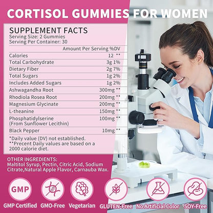 Cortisol Gummies For Women- Promote Relaxation and Support Mood- Natural Ingredients with Ashwagandha, Rhodiola Rosea, etc. Cortisol Manager Gummies for Adrenal Support,Vegan,Apple Flavor,180 Count