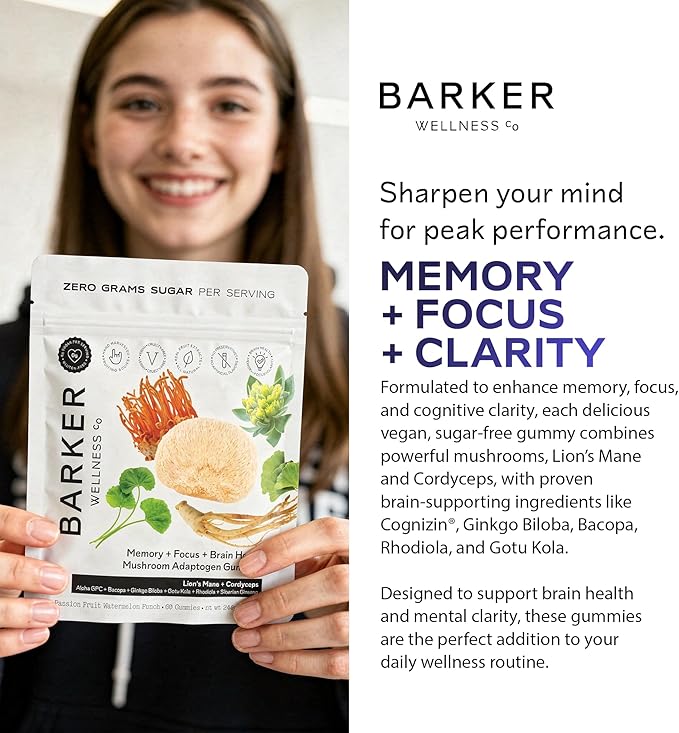 Barker Wellness Mushroom Adaptogen Gummies for Memory & Focus, Brain Health Supplement with Lion's Mane, Cordyceps, Cognizin, Nootropics, Vegan, Sugar-Free Passion Fruit Watermelon Flavor- 60 Count