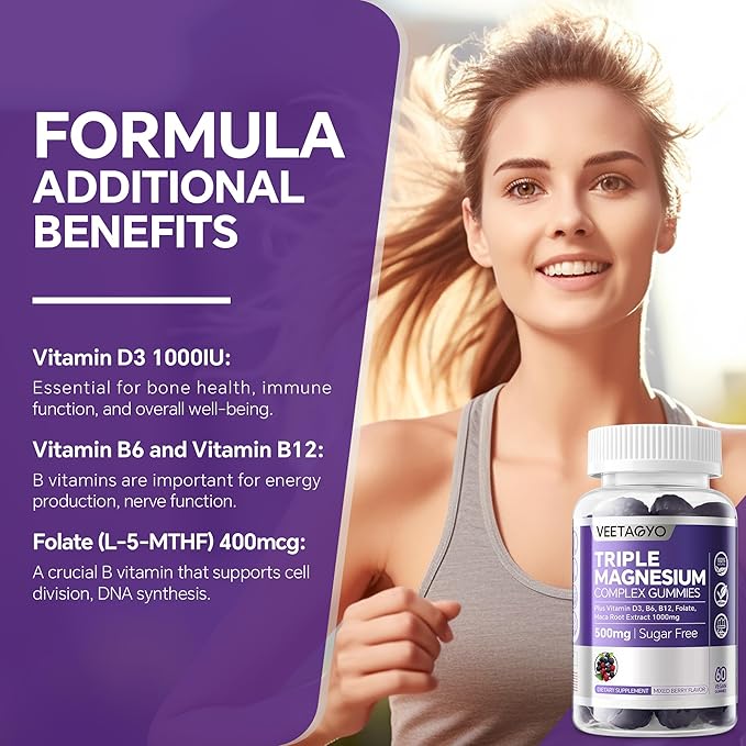 VEETAGYO Magnesium Gummies 500mg 400mg | High Absorption, Bone, Nerves, Muscle | 3 Forms of Magnesium Complex Supplement Glycinate,Taurate,Malate | Adults - Vegan,Sugar Free,120Cts