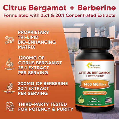 aSquared Nutrition Citrus Bergamot with Berberine Supplement - 1400mg Per Serving Max Strength Complex - 120 Capsules - Supports Cardiovascular Health - Pills Alternative to Gummies & Liquid Drops