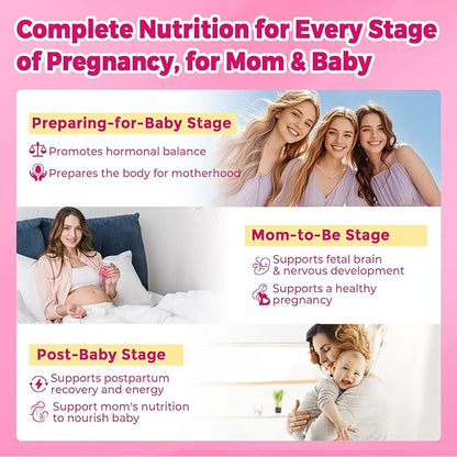 Prenatal Multivitamin Gummy for Women w/Methylfolate 1mg, Iron Choline Omega-3(DHA+EPA), Prenatal Vitamins for Women Gummies, Postnatal Vitamins | Before,During & After Pregnancy, Sugar Free,120Cts