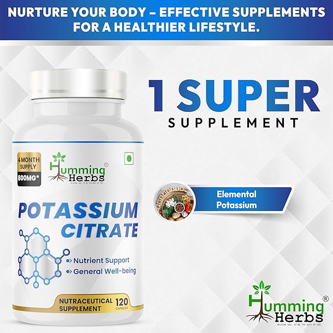 Potassium Citrate 800 mg (306 mg Elemental Potassium) – Electrolyte & pH Balance Support – Vegan, Non-GMO - 120 Capsules