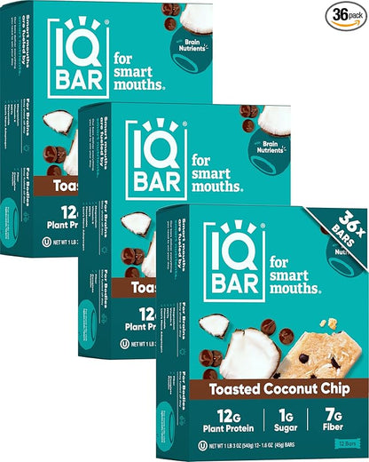 IQBAR Clean Plant Protein Bars - Toasted Coconut Chip - 36 Count - Keto, Vegan, High Fiber, Gluten and Dairy Free, Low Sugar Snack - Brain and Body Nutrients for Focus, Energy, Meal Replacement