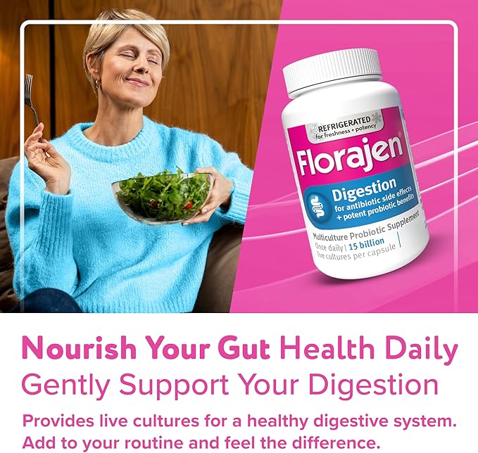 Florajen Digestion Probiotic - Advanced Gut Health Supplement for Constipation & Bloating Relief - 15 Billion Live Cultures - Multi-Strain Formula - Refrigerated for Potency & Freshness - 90 Capsules