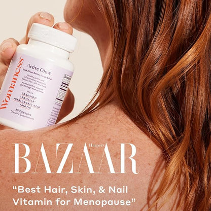 Womaness Active Glow Hair Skin and Nails Vitamins for Women - Hair Growth Vitamins with Hyaluronic Acid - Biotin and Curcumin - Nail Care, Joint Support and Glow Supplements for Dry Skin - 30 Capsules