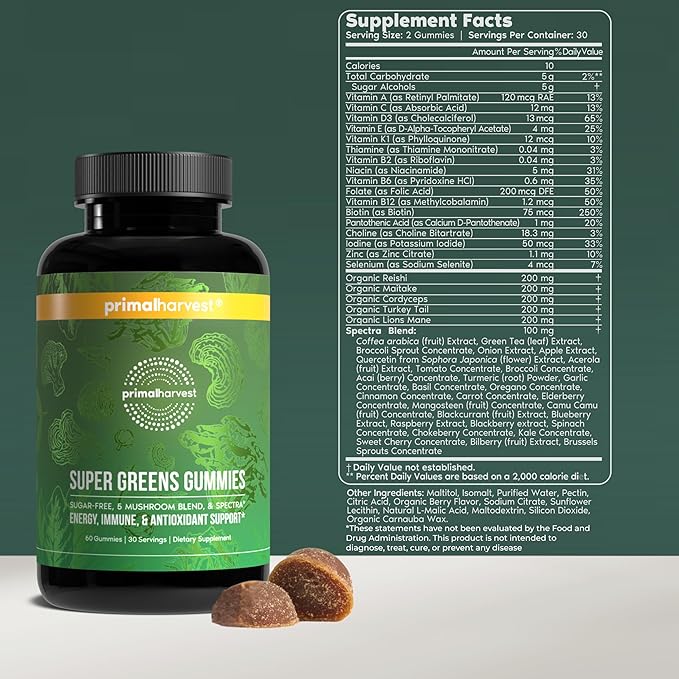Primal Harvest Super Greens Gummies, Superfood Blend with Adaptogenic Mushrooms Vitamins & Nutrient-Rich Minerals & Antioxidants for Energy & Immune Support 1 Pack 60 Count,