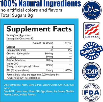 Creatine Monohydrate Gummies for Men & Women, Increase Strength and Build Muscle, Energy & Booty Gain, Preworkout Supplement, Sugar Free, Vegan, Chewables Blueberry Flavor-120 Count