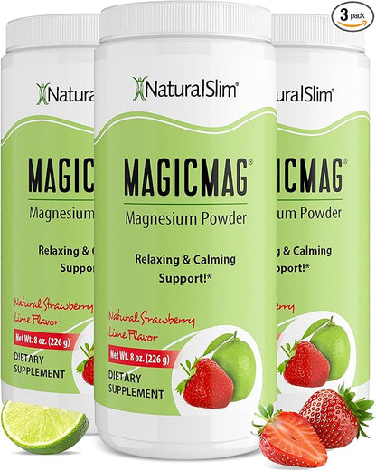 NaturalSlim Magicmag Pure Magnesium Citrate Powder – Stress, Constipation, Muscle, and Heart Support | Natural Strawberry & Lime Flavored Magnesium Supplement - 8oz Drink Mix (3 Pack)
