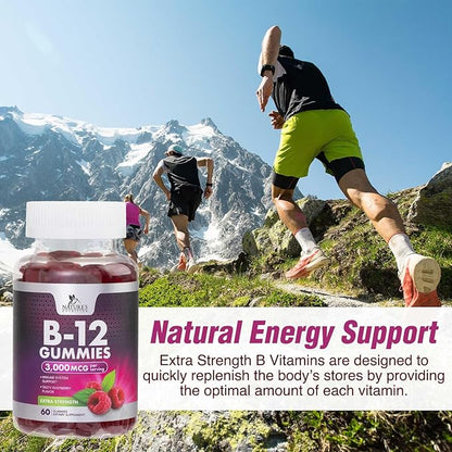 Vitamin B12 Energy Gummies - 3000 mcg per Serving Extra Strength B 12 Gummy for Metabolism & Immune System Support - Chewable Dietary B12 Supplements, Caffeine Free Gummy Vitamin - 60 Gummies