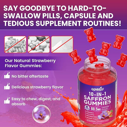 2 Pack Saffron Supplement Gummies, 10-in-1 Cortisol Supplement with Saffron 88.5mg, Magnesium, Rhodiola Rosea, Ashwagandha, L-Theanine, St. John's Wort, for Calm, Focus, Relaxation, 120 Count