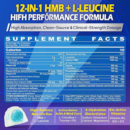 Hmb and L-Leucine Gummies, Pre Work Essential Amino Acids EAA Supplements for Men & Women, w/Branched-Chain Amino (BCAA) & 4 Hydration Electrolytes, Taurine, B12 & D3 for Fast Workout Recovery, 60Cts