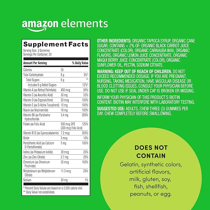 Amazon Elements - Men’s Organic Multivitamin, 90 Gummies (3 Gummies per Serving), Vegetarian, Gluten Free, Certified Organic (Previously Revly) (Pack of 3)