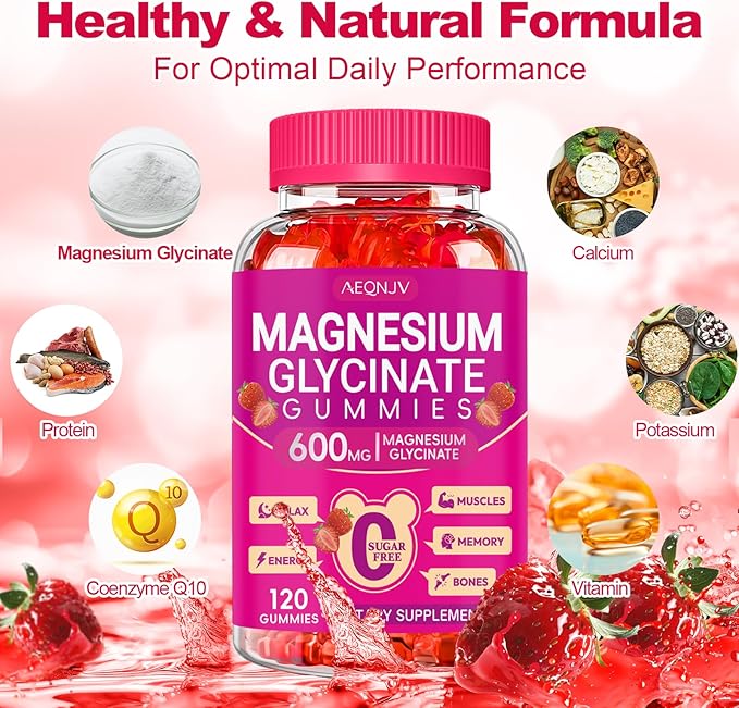 Magnesium Glycinate Gummies 600mg, Chewable Sugar Free Gummies with Magnesium Glycinate, Vitamin D, B6 and CoQ10 for Sleep, Relaxation, Brain and Muscle, 2 Pack