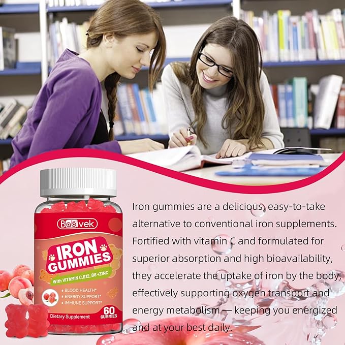 Iron Supplement Gummies for Women & Men - Iron Gummies with Folate Vitamin C B12 B6 Zinc, Peach Flavor, Vegan 60 Gummies