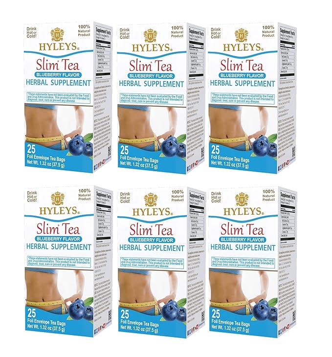 HYLEYS Slim Tea Blueberry Flavor - Weight Loss Herbal Supplement Cleanse and Detox - 25 Tea Bags (6 Pack)