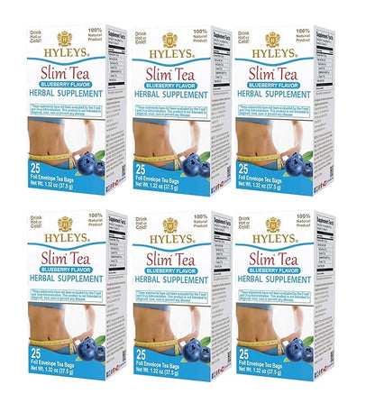 HYLEYS Slim Tea Blueberry Flavor - Weight Loss Herbal Supplement Cleanse and Detox - 25 Tea Bags (6 Pack)