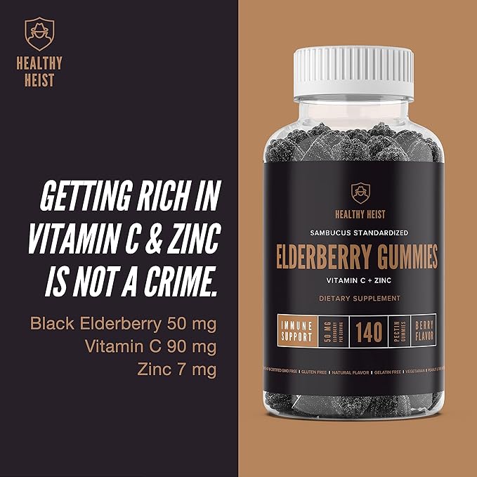 Sambucus Black Elderberry Gummies for Adults and Kids with Zinc and Vitamin C, 280 Gummy Bulk Size, Chewable Immune Support, Non GMO, Kosher, Pectin, Vegan, Delicious Berry Flavor by Healthy Heist