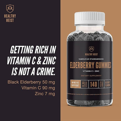 Sambucus Black Elderberry Gummies for Adults and Kids with Zinc and Vitamin C, 280 Gummy Bulk Size, Chewable Immune Support, Non GMO, Kosher, Pectin, Vegan, Delicious Berry Flavor by Healthy Heist