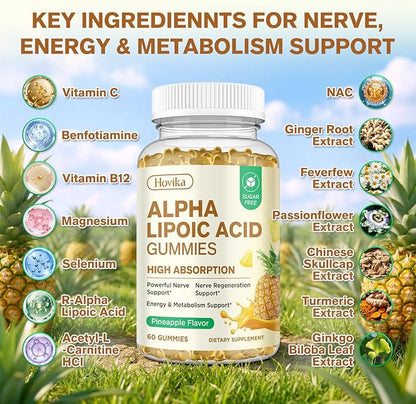 Alpha Lipoic Acid Gummies 600mg, ALA Supplement with Benfotiamine, Magnesium, NAC, Vitamin C & B12 for Nerve Support, Antioxidant and Energy & Metabolic, Vegan, Sugar Free, Pineapple Flavor, 60 Counts