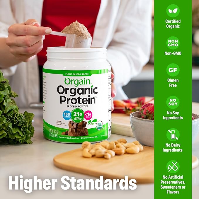 Orgain Organic Vegan Protein Powder, Creamy Chocolate Fudge - 21g Plant Protein, 7g Prebiotic Fiber, Low Net Carb, No Lactose Ingredients, No Added Sugar, Non-GMO, For Shakes & Smoothies, 1.02 lb