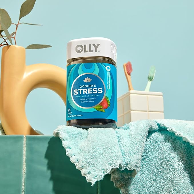 OLLY Goodbye Stress Gummy, GABA, L-Theanine, Lemon Balm, Stress Relief Supplement, Berry - 74 Count