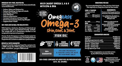 100% Pure Fish Oil for Dogs & Cats (1,545mg Omega 3 per Teaspoon) 32oz. Loaded with EPA & DHA for Joints, Skin & Coat, Itching, Heart & Immune Health. Stronger Than Salmon Oil. Unflavored Omegease.