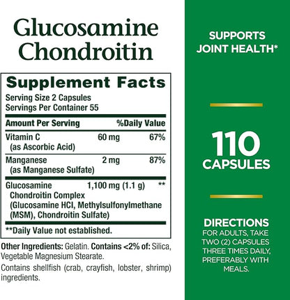 Nature's Bounty Glucosamine Chondroitin Pills and Dietary Supplement, Support Joint Health, 110 Capsules (Pack of 2)