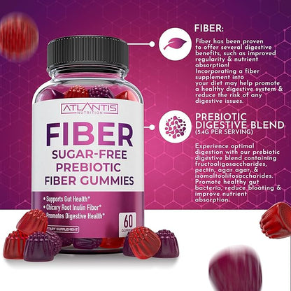 Atlantis Nutrition Sugar Free Fiber Gummies for Adults - 5G Fiber Supplement Formulated with 5.4G Prebiotic Digestive Blend/Serving - Supports Gut Health & Healthy Digestion - 2-Pack 120 Gummies