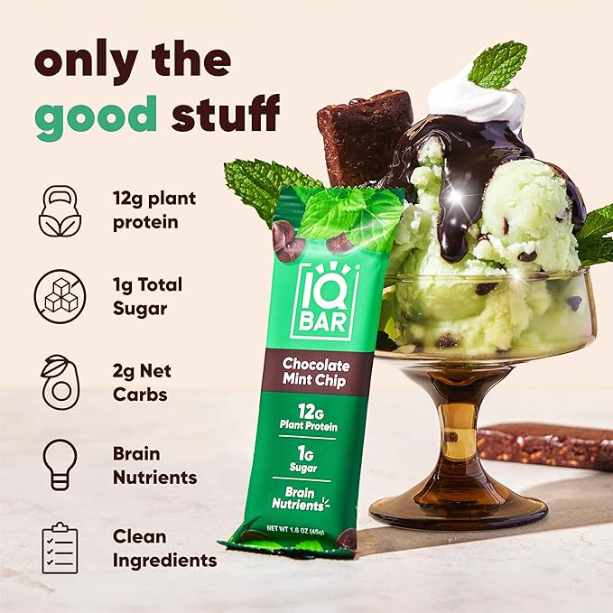 IQBAR Clean Plant Protein Bars - Chocolate Mint Chip - 24 Count - Keto, Vegan, High Fiber, Gluten and Dairy Free, Low Sugar Snack - Brain and Body Nutrients for Focus, Energy, Meal Replacement